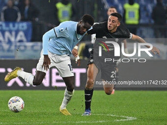 Boulaye Dia of S.S. Lazio and Gabriele Zappa of Cagliari Calcio are in action during the 11th day of the Serie A Championship between S.S. L...