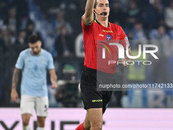 Referee Giovanni Ayroldi officiates during the 11th day of the Serie A Championship between S.S. Lazio and Cagliari Calcio at the Olympic St...