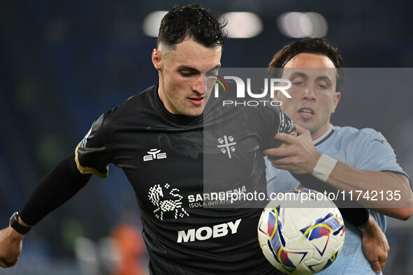 Nadir Zortea of Cagliari Calcio and Luca Pellegrini of S.S. Lazio are in action during the 11th day of the Serie A Championship between S.S....