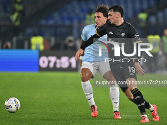 Luca Pellegrini of S.S. Lazio and Nadir Zortea of Cagliari Calcio are in action during the 11th day of the Serie A Championship between S.S....