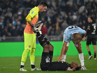 Simone Scuffet, Yerry Mina of Cagliari Calcio, and Gustav Isaksen of S.S. Lazio are in action during the 11th day of the Serie A Championshi...