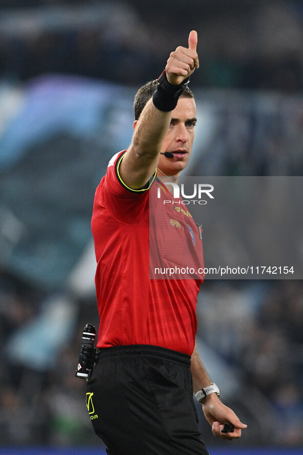 Referee Giovanni Ayroldi officiates during the 11th day of the Serie A Championship between S.S. Lazio and Cagliari Calcio at the Olympic St...