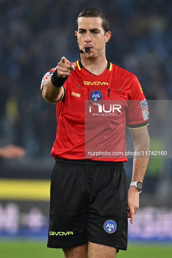 Referee Giovanni Ayroldi officiates during the 11th day of the Serie A Championship between S.S. Lazio and Cagliari Calcio at the Olympic St...