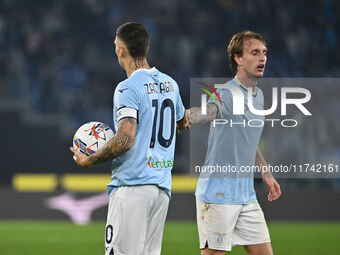 Mattia Zaccagni of S.S. Lazio and Nicolo Rovella of S.S. Lazio are in action during the 11th day of the Serie A Championship between S.S. La...