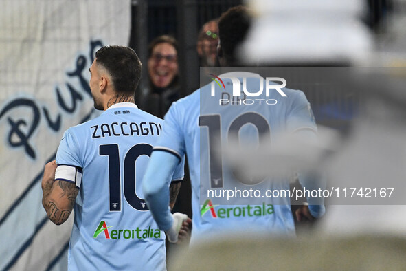 Mattia Zaccagni of S.S. Lazio celebrates after scoring the goal of 2-1 during the 11th day of the Serie A Championship between S.S. Lazio an...