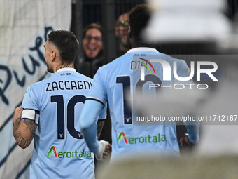 Mattia Zaccagni of S.S. Lazio celebrates after scoring the goal of 2-1 during the 11th day of the Serie A Championship between S.S. Lazio an...