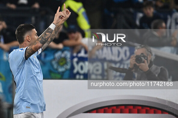 Mattia Zaccagni of S.S. Lazio celebrates after scoring the goal of 2-1 during the 11th day of the Serie A Championship between S.S. Lazio an...