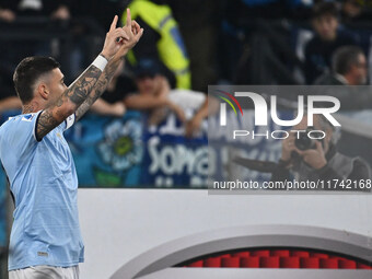 Mattia Zaccagni of S.S. Lazio celebrates after scoring the goal of 2-1 during the 11th day of the Serie A Championship between S.S. Lazio an...