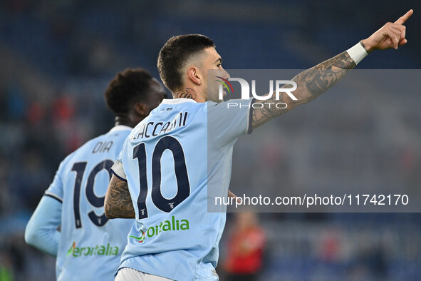 Mattia Zaccagni of S.S. Lazio celebrates after scoring the goal of 2-1 during the 11th day of the Serie A Championship between S.S. Lazio an...