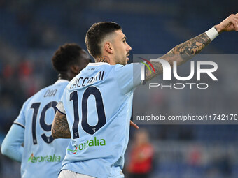 Mattia Zaccagni of S.S. Lazio celebrates after scoring the goal of 2-1 during the 11th day of the Serie A Championship between S.S. Lazio an...