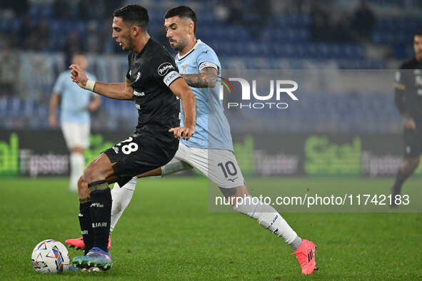 Gabriele Zappa of Cagliari Calcio and Mattia Zaccagni of S.S. Lazio are in action during the 11th day of the Serie A Championship between S....