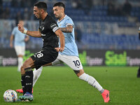 Gabriele Zappa of Cagliari Calcio and Mattia Zaccagni of S.S. Lazio are in action during the 11th day of the Serie A Championship between S....