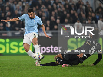 Pedro of S.S. Lazio and Sebastiano Luperto of Cagliari Calcio are in action during the 11th day of the Serie A Championship between S.S. Laz...