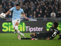 Pedro of S.S. Lazio and Sebastiano Luperto of Cagliari Calcio are in action during the 11th day of the Serie A Championship between S.S. Laz...