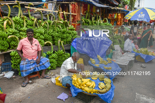 Bunches of unripe bananas are for sale at a marketplace ahead of the Chhath Puja celebration in Kolkata, India, on November 5, 2024. 