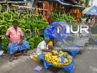 Bunches of unripe bananas are for sale at a marketplace ahead of the Chhath Puja celebration in Kolkata, India, on November 5, 2024. (