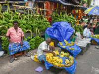 Bunches of unripe bananas are for sale at a marketplace ahead of the Chhath Puja celebration in Kolkata, India, on November 5, 2024. (