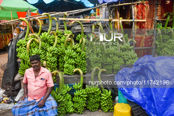 Bunches of unripe bananas are for sale at a marketplace ahead of the Chhath Puja celebration in Kolkata, India, on November 5, 2024. 