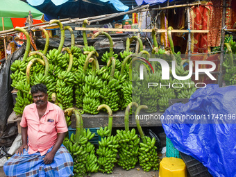 Bunches of unripe bananas are for sale at a marketplace ahead of the Chhath Puja celebration in Kolkata, India, on November 5, 2024. (