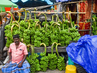 Bunches of unripe bananas are for sale at a marketplace ahead of the Chhath Puja celebration in Kolkata, India, on November 5, 2024. (