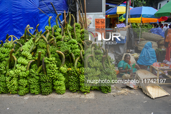 Bunches of unripe bananas are for sale at a marketplace ahead of the Chhath Puja celebration in Kolkata, India, on November 5, 2024. 