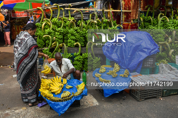 Bunches of unripe bananas are for sale at a marketplace ahead of the Chhath Puja celebration in Kolkata, India, on November 5, 2024. 