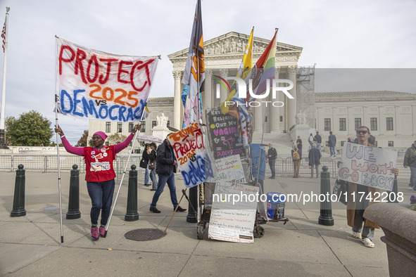 A protest takes place outside the US Supreme Court in Washington DC, United States, on November 4, 2024, ahead of the Presidential Election....