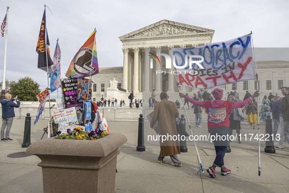 A protest takes place outside the US Supreme Court in Washington DC, United States, on November 4, 2024, ahead of the Presidential Election....