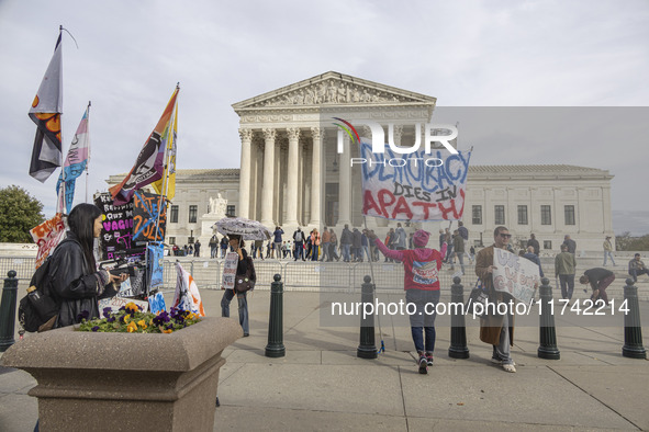 A protest takes place outside the US Supreme Court in Washington DC, United States, on November 4, 2024, ahead of the Presidential Election....