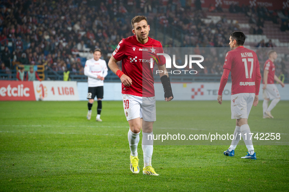 Giannis Kiakos participates in the game between Wisla Krakow and GKS Tychy in Krakow, Poland, on November 4, 2024. This is a Betclic 1 Liga,...