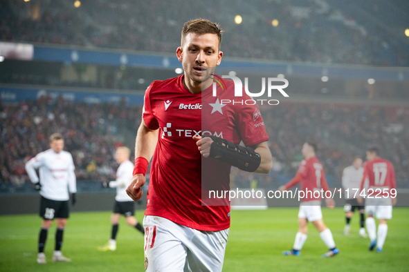 Giannis Kiakos participates in the game between Wisla Krakow and GKS Tychy in Krakow, Poland, on November 4, 2024. This is a Betclic 1 Liga,...