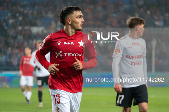 Tamas Kiss participates in the game between Wisla Krakow and GKS Tychy in Krakow, Poland, on November 4, 2024. This is a Betclic 1 Liga, Pol...