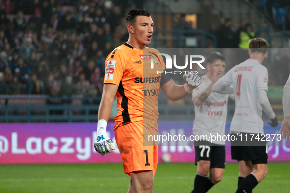 Goalkeeper Marcel Lubik participates in the game between Wisla Krakow and GKS Tychy in Krakow, Poland, on November 4, 2024. This is a Betcli...