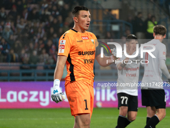 Goalkeeper Marcel Lubik participates in the game between Wisla Krakow and GKS Tychy in Krakow, Poland, on November 4, 2024. This is a Betcli...