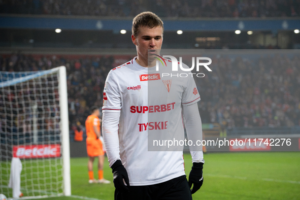 Jakub Bieronski participates in the game between Wisla Krakow and GKS Tychy in Krakow, Poland, on November 4, 2024. This is a Betclic 1 Liga...