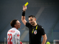 Referee Piotr Rzucidlo shows a yellow card to Julius Ertlthaler during the game between Wisla Krakow and GKS Tychy in Krakow, Poland, on Nov...