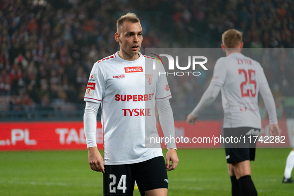 Dominik Polap participates in the game between Wisla Krakow and GKS Tychy in Krakow, Poland, on November 4, 2024. This is a Betclic 1 Liga,...