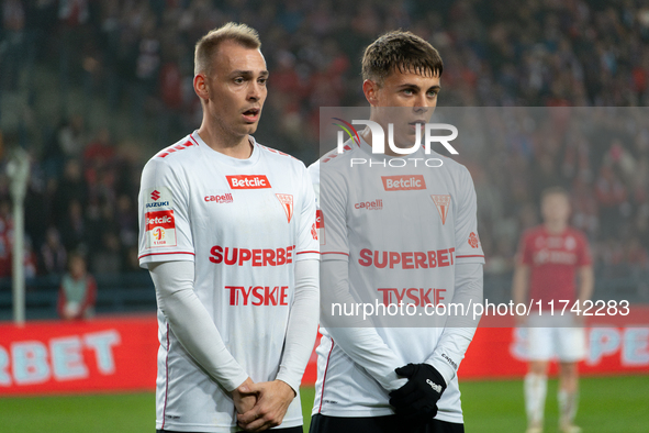 Dominik Polap and Maksymilian Dziuba participate in the game between Wisla Krakow and GKS Tychy in Krakow, Poland, on November 4, 2024. This...