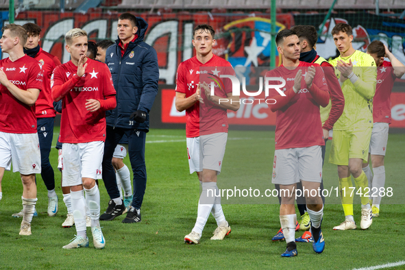 Wisla Krakow players stand after the game between Wisla Krakow and GKS Tychy in Krakow, Poland, on November 4, 2024. This is a Betclic 1 Lig...