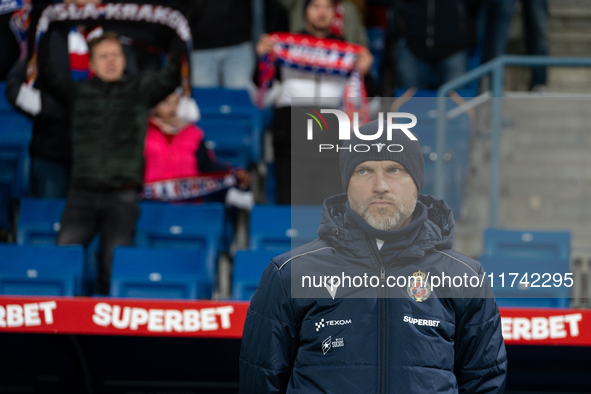 Wisla Krakow coach Mariusz Jop is present during the game between Wisla Krakow and GKS Tychy in Krakow, Poland, on November 4, 2024. This is...