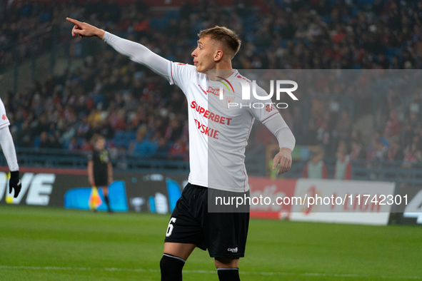 Jakub Budnicki participates in the game between Wisla Krakow and GKS Tychy in Krakow, Poland, on November 4, 2024. This is a Betclic 1 Liga,...