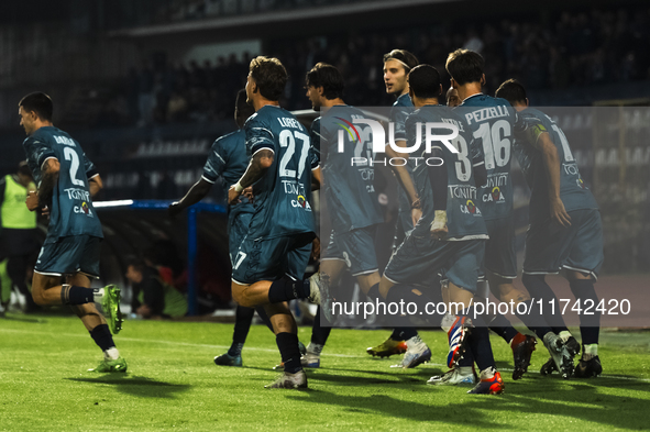 Cavese players celebrate after scoring during the Serie C match between Cavese and Foggia at Stadio Simonetta Lamberti in Cava de'Tirreni, I...