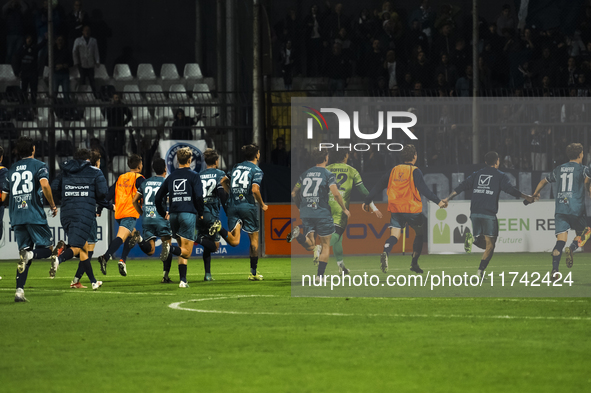 Cavese players celebrate with the supporters during the Serie C match between Cavese and Foggia at Stadio Simonetta Lamberti in Cava de'Tirr...