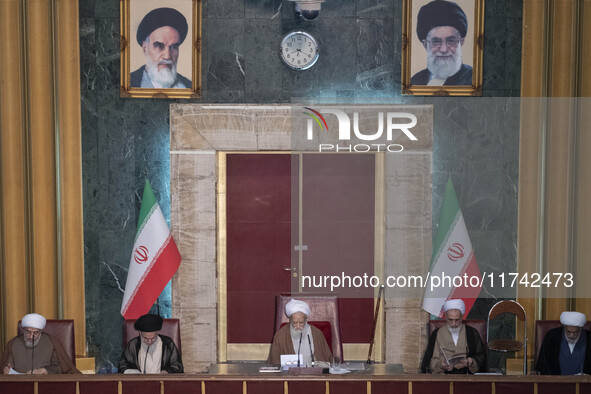 Ayatollah Mohammad-Ali Movahedi Kermani gives the opening speech during Iran's Assembly of Experts' biannual meeting in the old Iranian Parl...