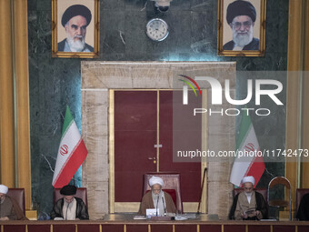 Ayatollah Mohammad-Ali Movahedi Kermani gives the opening speech during Iran's Assembly of Experts' biannual meeting in the old Iranian Parl...