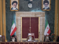 Ayatollah Mohammad-Ali Movahedi Kermani gives the opening speech during Iran's Assembly of Experts' biannual meeting in the old Iranian Parl...