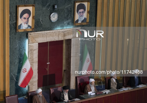 Ayatollah Mohammad-Ali Movahedi Kermani gives the opening speech during Iran's Assembly of Experts' biannual meeting in the old Iranian Parl...