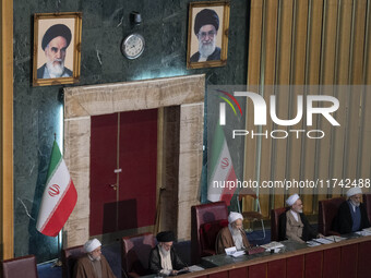 Ayatollah Mohammad-Ali Movahedi Kermani gives the opening speech during Iran's Assembly of Experts' biannual meeting in the old Iranian Parl...