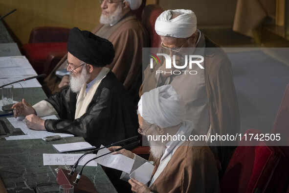 Ayatollah Mohammad-Ali Movahedi Kermani gives the opening speech during Iran's Assembly of Experts' biannual meeting in the old Iranian Parl...