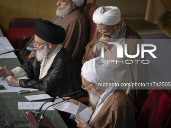 Ayatollah Mohammad-Ali Movahedi Kermani gives the opening speech during Iran's Assembly of Experts' biannual meeting in the old Iranian Parl...